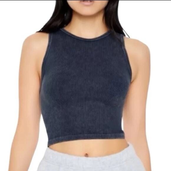 Forever 21 Ribbed Cropped Waffle Knit Muscle Tank Grey Black Size Small - Picture 1 of 11